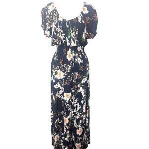 Anthropologie KINDRED Maxi Floral Smocked Dress Sz Large Black Romantic Boho